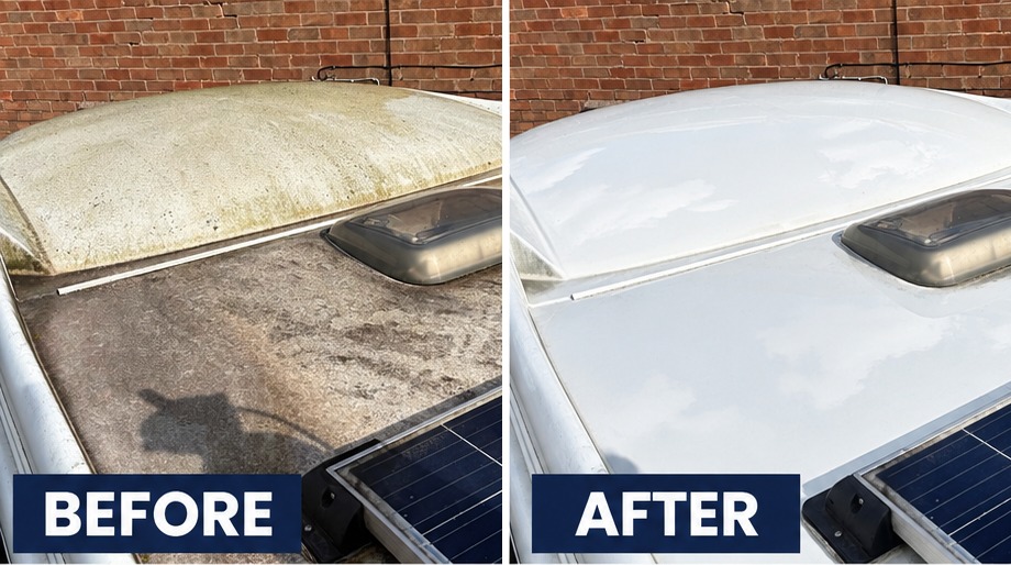 Motorhome roof before and after a Site Clean wash