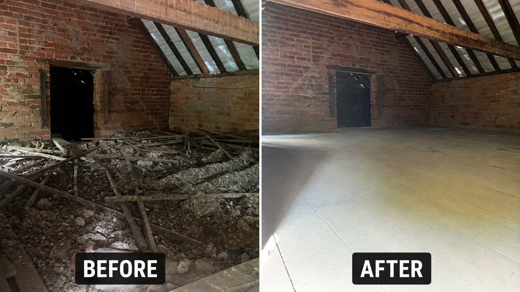 Loft clearance before and after — rubble removed and floor washed down